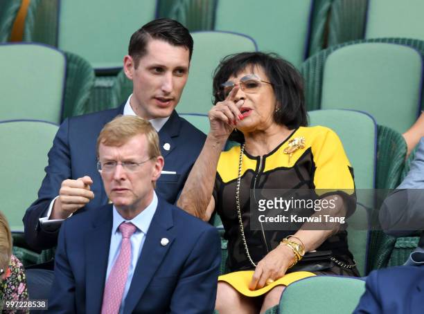 Sebastian Knoerr and Dame Shirley Bassey attend day ten of the Wimbledon Tennis Championships at the All England Lawn Tennis and Croquet Club on July...