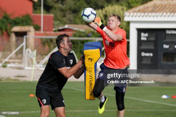 Bournemouth goalkeeping coach Neil Moss with Aaron Ramsdale of Bournemouth during training session at the clubs pre-season training camp at La Manga,...