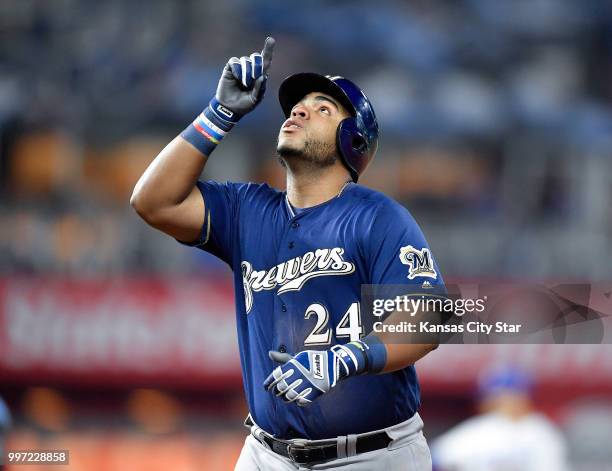 The Milwaukee Brewers' Jesus Aguilar celebrates his RBI single in the eighth inning against the Kansas City Royals on Wednesday, April 25 at Kauffman...