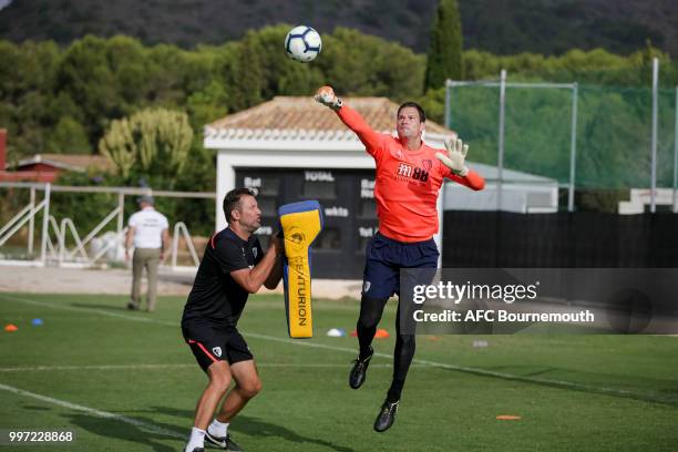 Bournemouth goalkeeping coach Neil Moss with Asmir Begovic during training session at the clubs pre-season training camp at La Manga, Spain on July...