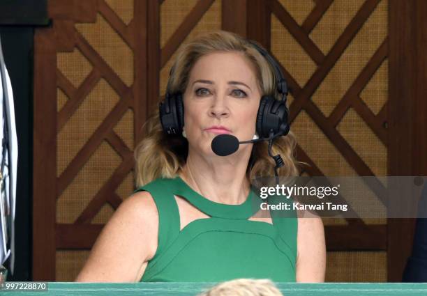 Chris Evert attends day ten of the Wimbledon Tennis Championships at the All England Lawn Tennis and Croquet Club on July 12, 2018 in London, England.