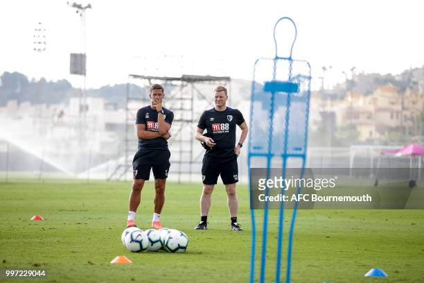 Bournemouth assistant manager Jason Tindall with Bournemouth manager Eddie Howe during training session at the clubs pre-season training camp at La...