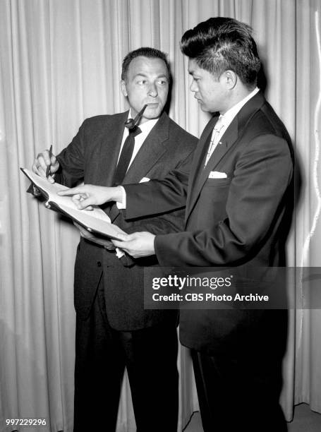 Radio Workshop production of The Japanese Drama, an adaptation of 14th century Japanese Noh Theater. Rehearsal on March 29, 1957. Left to right,...