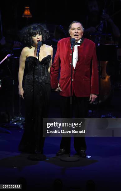 Meow Meow and Barry Humphries bow during the press night performance of "Barry Humphries' Weimar Cabaret" at The Barbican Centre on July 12, 2018 in...