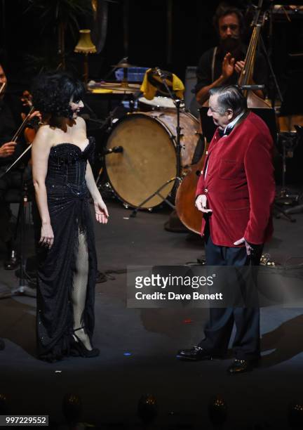 Meow Meow and Barry Humphries bow during the press night performance of "Barry Humphries' Weimar Cabaret" at The Barbican Centre on July 12, 2018 in...