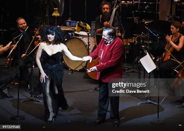 Meow Meow and Barry Humphries bow during the press night performance of "Barry Humphries' Weimar Cabaret" at The Barbican Centre on July 12, 2018 in...