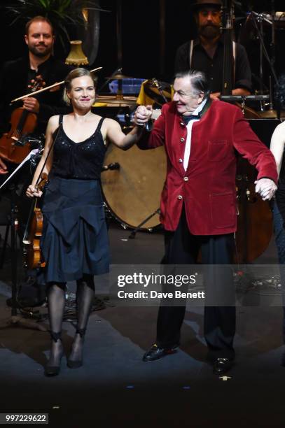 Satu Vanska and Barry Humphries bow during the press night performance of "Barry Humphries' Weimar Cabaret" at The Barbican Centre on July 12, 2018...