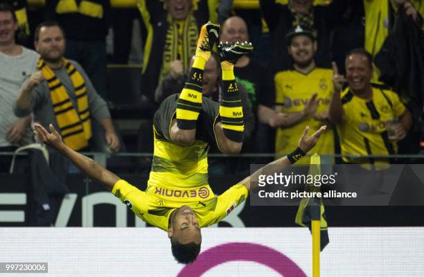 Dortmund's Pierre-Emerick Aubameyang celebrating scoring the 1:0 during the German Bundesliga soccer match between Borussia Dortmund and RB Leipzig...