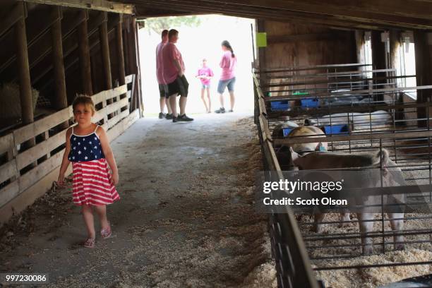 Emmry Helrichs walks through the swine barn at the Iowa County Fair on July 12, 2018 in Marengo, Iowa. The fair, like many in counties throughout the...