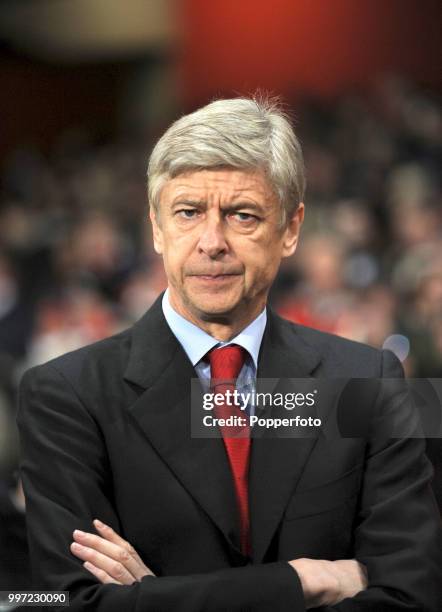 Arsenal manager Arsene Wenger looks at the camera during the UEFA Champions League Group H match between Arsenal and Partizan Belgrade at the...