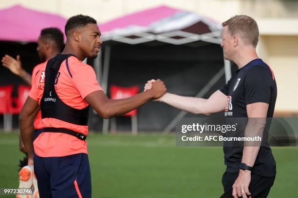 Jordon Ibe with Bournemouth manager Eddie Howe during training session at the clubs pre-season training camp at La Manga, Spain on July 12, 2018 in...