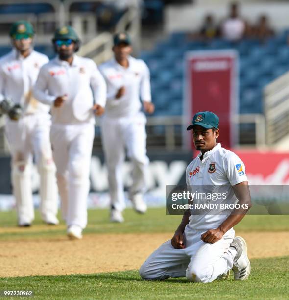 Taijul Islam of Bangladesh celebrates the dismissal of Kraigg Brathwaite of West Indies during Day 1 of the 2nd Test between West Indies and...