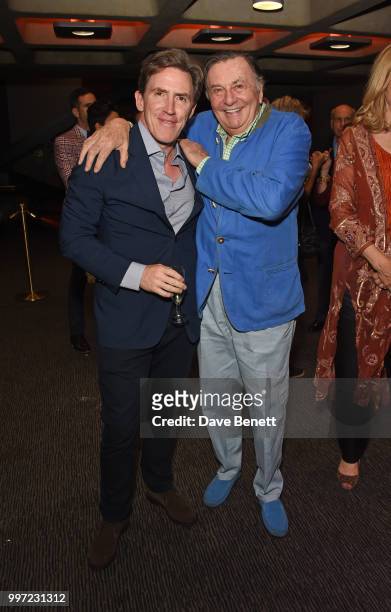 Rob Brydon and Barry Humphries attend the press night performance of "Barry Humphries' Weimar Cabaret" at The Barbican Centre on July 12, 2018 in...
