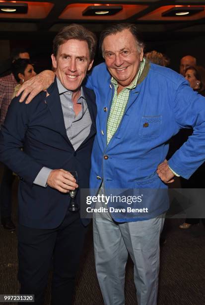 Rob Brydon and Barry Humphries attend the press night performance of "Barry Humphries' Weimar Cabaret" at The Barbican Centre on July 12, 2018 in...