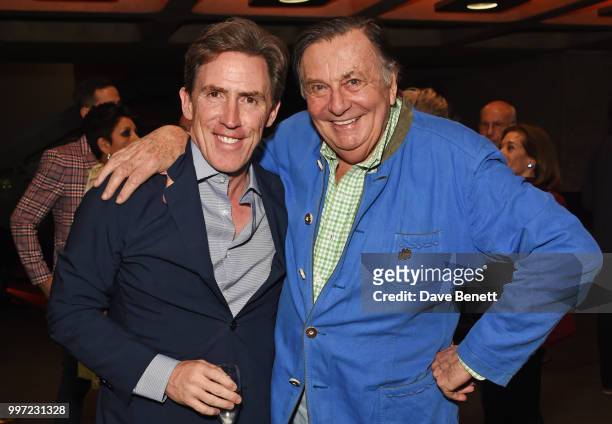 Rob Brydon and Barry Humphries attend the press night performance of "Barry Humphries' Weimar Cabaret" at The Barbican Centre on July 12, 2018 in...