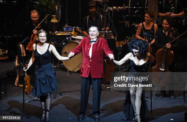 Satu Vanska, Barry Humphries and Meow Meow bow during the press night performance of "Barry Humphries' Weimar Cabaret" at The Barbican Centre on July...