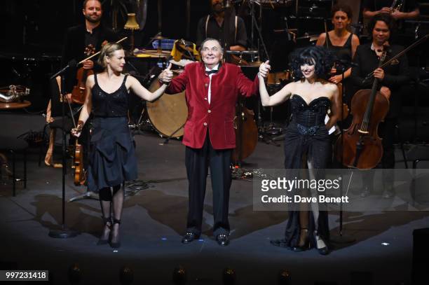Satu Vanska, Barry Humphries and Meow Meow bow during the press night performance of "Barry Humphries' Weimar Cabaret" at The Barbican Centre on July...