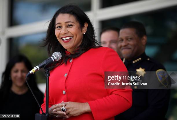 San Francisco mayor London Breed speaks to reporters after meeting with first responders during an emergency preparedness meeting on July 12, 2018 in...