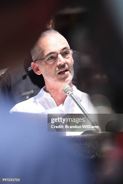 City Councilman Mitch O'Farrell of the 14th Disctrict speaks during the dedication ceremony for the new scramble street crossing at Hollywood and...