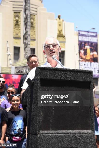 City Councilman Mitch O'Farrell of the 14th Disctrict speaks during the dedication ceremony for the new scramble street crossing at Hollywood and...