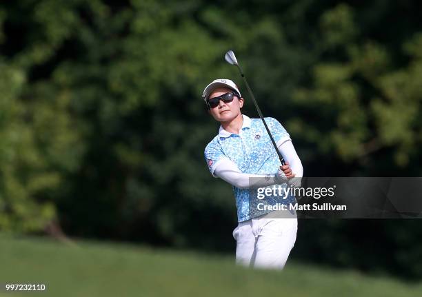 Ayako Uehara of Japan hits her third shot on the 18th hole during the first round of the Marathon Classic Presented By Owens Corning And O-I on July...