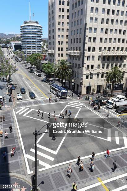 Shot of the new scramble sidewalk on Hollywood and Vine during it's dedication ceremony on July 12, 2018 in Hollywood, California.