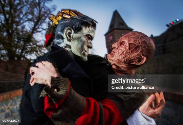 Frankenstein and Freddy Krueger fight each other at the rehearsal for Halloween in Pfungstadt, Germany, 14 October 2017. The annual Halloween event...