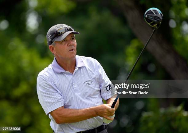 Scott Dunlap hits a tee shot on the 17th hole during the first round of the PGA TOUR Champions Constellation SENIOR PLAYERS Championship at Exmoor...