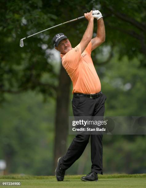 Jerry Kelly plays a tee shot on the eighth hole during the first round of the PGA TOUR Champions Constellation SENIOR PLAYERS Championship at Exmoor...