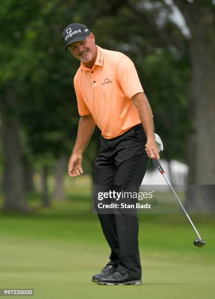 Jerry Kelly reacts to his putt on the seventh hole during the first round of the PGA TOUR Champions Constellation SENIOR PLAYERS Championship at...