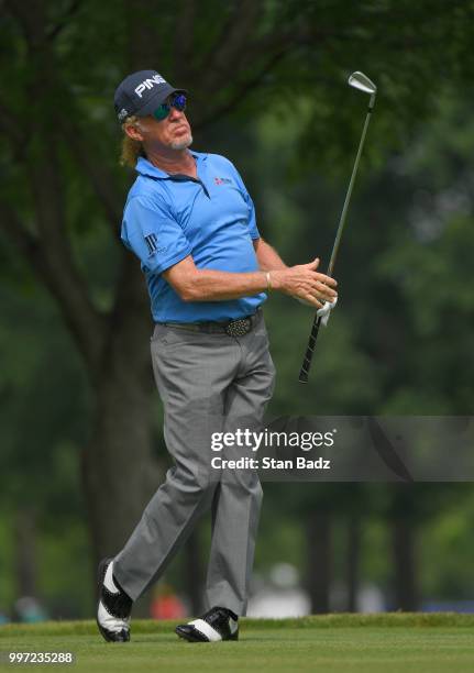 Miguel Angel Jiménez plays a tee shot on the eighth hole during the first round of the PGA TOUR Champions Constellation SENIOR PLAYERS Championship...