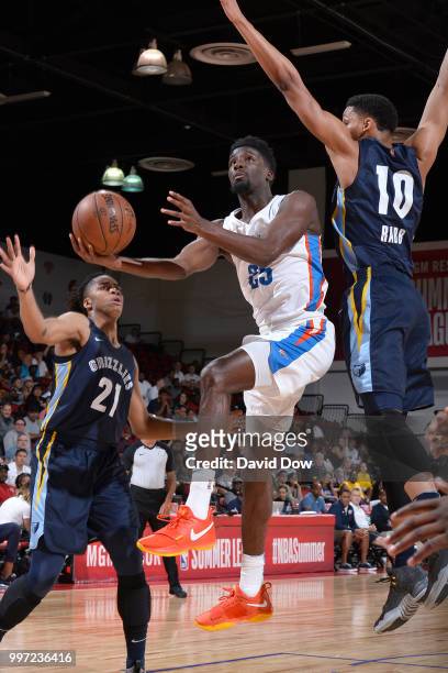 Daniel Hamilton of the Oklahoma City Thunder goes to the basket against the Memphis Grizzlies during the 2018 Las Vegas Summer League on July 12,...