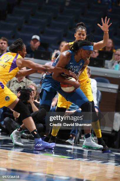 Sylvia Fowles of the Minnesota Lynx handles the ball against the Los Angeles Sparks on July 5, 2018 at Target Center in Minneapolis, Minnesota. NOTE...