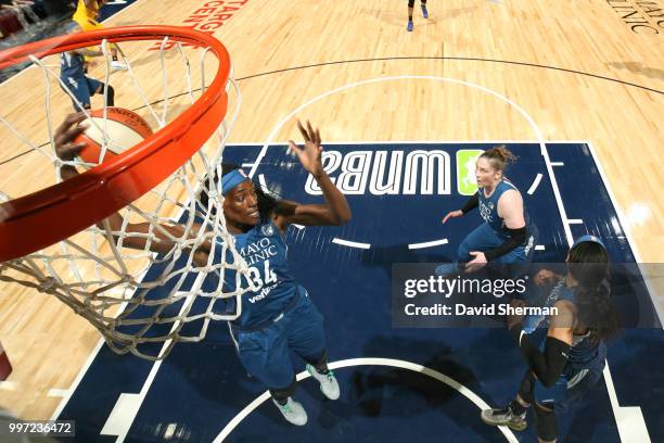 Sylvia Fowles of the Minnesota Lynx gets the rebound against the Los Angeles Sparks on July 5, 2018 at Target Center in Minneapolis, Minnesota. NOTE...