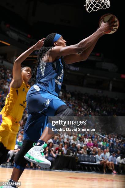 Sylvia Fowles of the Minnesota Lynx goes to the basket against the Los Angeles Sparks on July 5, 2018 at Target Center in Minneapolis, Minnesota....
