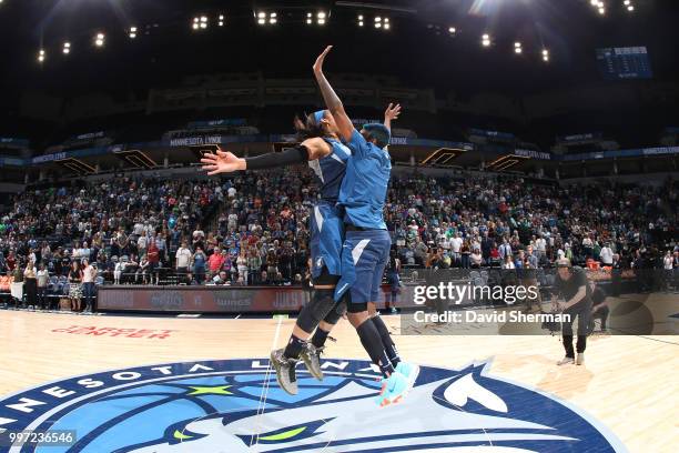 Maya Moore of the Minnesota Lynx and Danielle Robinson of the Minnesota Lynx celebrate after the game against the Los Angeles Sparks on July 5, 2018...