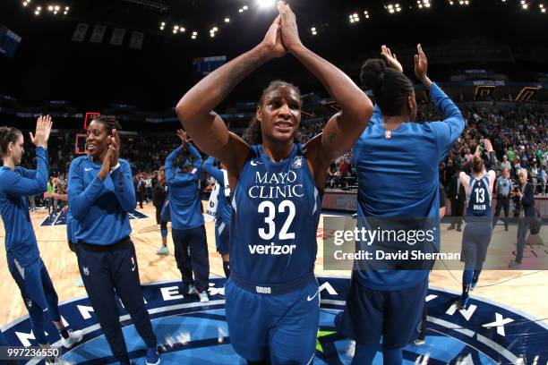 Rebekkah Brunson of the Minnesota Lynx reacts during the game against the Los Angeles Sparks on July 5, 2018 at Target Center in Minneapolis,...