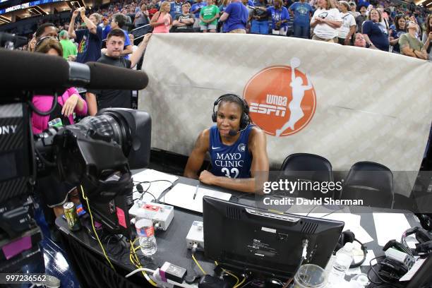 Rebekkah Brunson of the Minnesota Lynx speaks with the media against the Los Angeles Sparks on July 5, 2018 at Target Center in Minneapolis,...