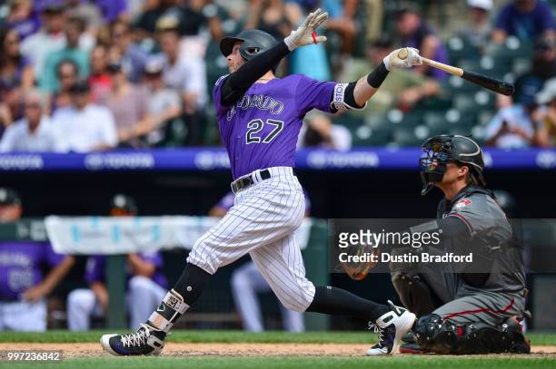Trevor Story of the Colorado Rockies hits a seventh inning solo homerun against the Arizona Diamondbacks at Coors Field on July 12, 2018 in Denver,...