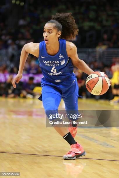 Skylar Diggins-Smith of the Dallas Wings handles the ball against the Los Angeles Sparks during a WNBA basketball game at Staples Center on July 12,...