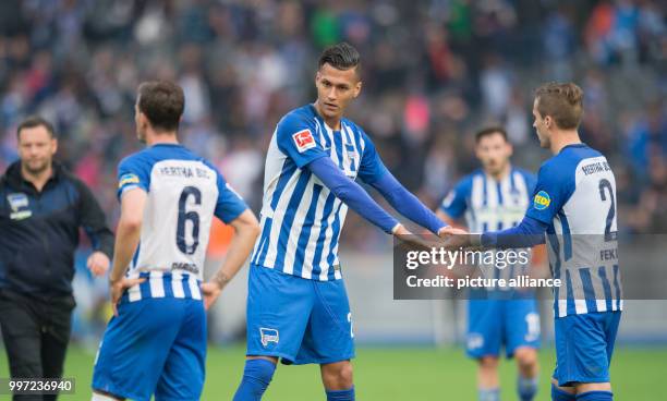 Hertha's Vladimir Darida, Davie Selke and Peter Pekarik after the German Bundesliga football match between Hertha BSC and FC Schalke 04 in Berlin,...