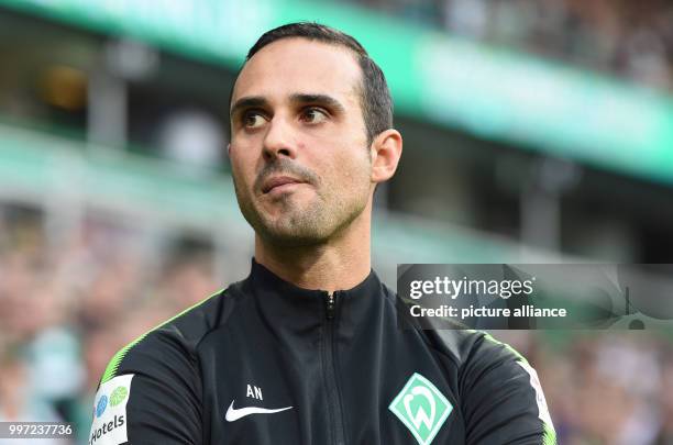 Bremen coach Alexander Nouri pictured before kick-off at the German Bundesliga football match between Werder Bremen and Borussia Moenchengladbach at...