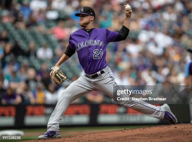 Starter Kyle Freeland of the Colorado Rockies delivers a pitch during a game against the Seattle Mariners at Safeco Field on July 7, 2018 in Seattle,...