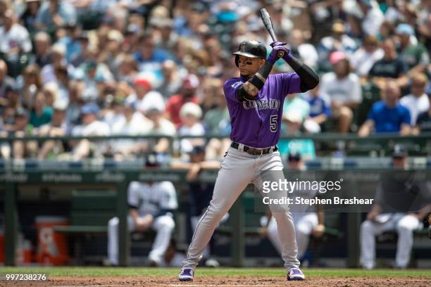 Carlos Gonzalez of the Colorado Rockies waits for a pitch during an at-bat in a game against the Seattle Mariners at Safeco Field on July 7, 2018 in...
