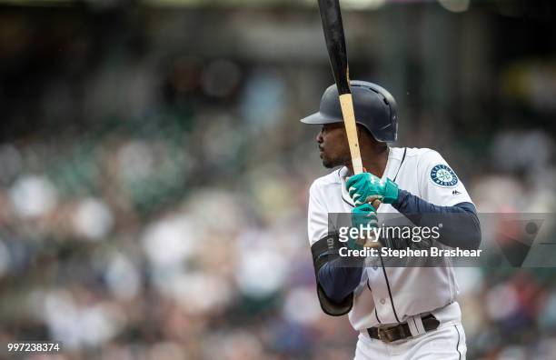 Dee Gordon waits for a pitch during an at-bat in a game against the Colorado Rockies at Safeco Field on July 7, 2018 in Seattle, Washington. The...