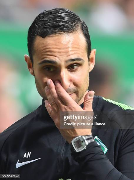 Bremen coach Alexander Nouri at half time during the German Bundesliga football match between Werder Bremen and Borussia Moenchengladbach at the...