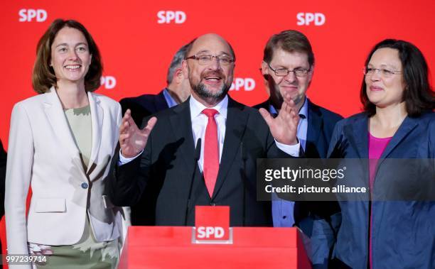 Leader of the Social Democratic Party Martin Schulz delivers a speech after the first projection for the Lower Saxony elections, at Willy-Brandt-Haus...