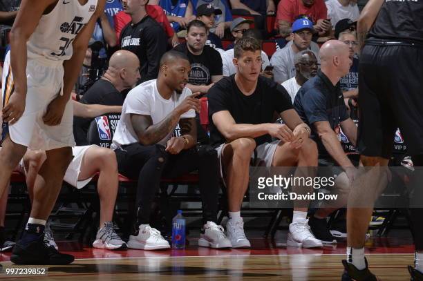 Meyers Leonard of the Portland Trail Blazers and Damian Lillard of the Portland Trail Blazers look on during the game against the Utah Jazz during...