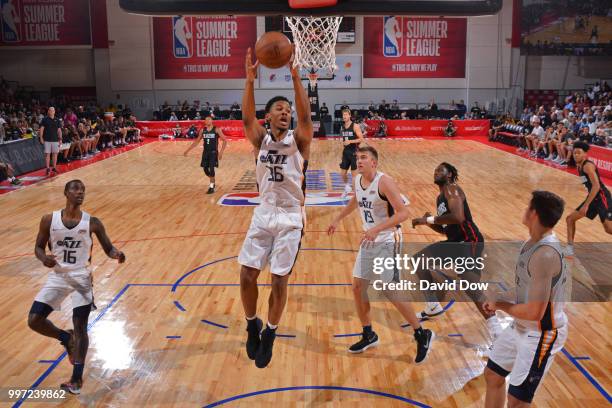 Malcolm Hill of the Utah Jazz gets the rebound against the Portland Trail Blazers during the 2018 Las Vegas Summer League on July 7, 2018 at the Cox...