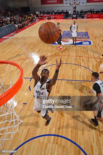 Thomas Wilder of the Utah Jazz gets thee rebound against the Oklahoma City Thunder during the 2018 Las Vegas Summer League on July 7, 2018 at the Cox...